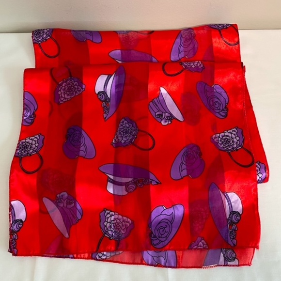 "Red Hat Society" Chic Vibrant Red Scarf with Purple Hat Design 13" by 60" - Picture 2 of 4